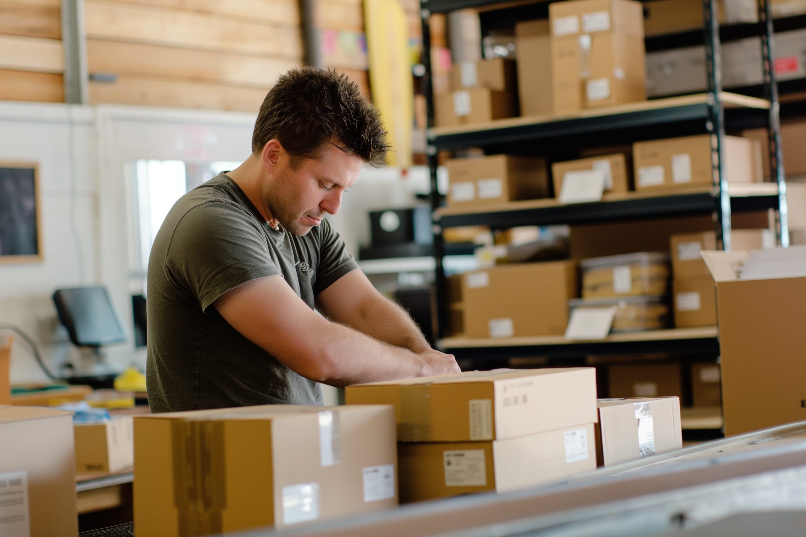 Warehouse Worker Packing Boxes With Inventory, Preparing For Shipping And Distribution.